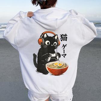 Kawaii Gaming Japanese Cat Gamer Retro Ramen Boys Women Oversized Hoodie Back Print - Thegiftio