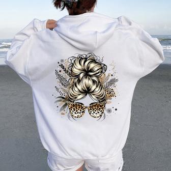 Leopard Messy Bun Hair Mom Life Leopard Bandana Women Oversized Hoodie Back Print - Thegiftio UK
