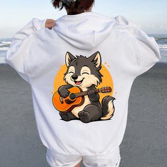 Loup Jouant De La Guitare Graphique Loup Garçons Filles Amateurs De Guitare Haut De Gamme Sweat à capuche oversize pour femme avec imprimé dans le dos - Cadeauxyz