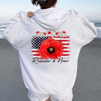 Memorial Day Remember Honor Patriotic Usa Flag Flower Women Women Oversized Hoodie Back Print - Thegiftio UK