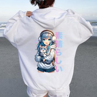 Mignon Anime Fille Avec Un Chat Pour Amoureux Des Chats Kawaii Otaku Manga Haut De Gamme Sweat à capuche oversize pour femme avec imprimé dans le dos - Cadeauxyz