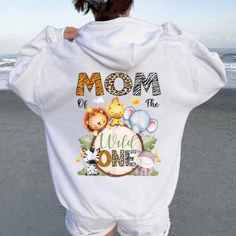Mom Of The Wild One 1St Birthday Boy Safari Animals Women Oversized Hoodie Back Print - Thegiftio