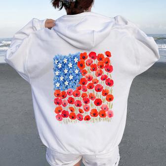 Patriotic Poppies & Hydrangeas Flowers In Floral Us Flag Women Oversized Hoodie Back Print - Thegiftio UK