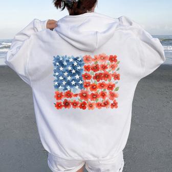 Red Poppy Flower American Flag Memorial Day Floral July 4Th Women Oversized Hoodie Back Print - Thegiftio UK