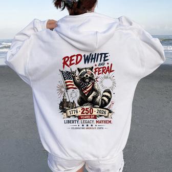 Red White Feral Raccoon America 250Th Patriotic Women Women Oversized Hoodie Back Print - Thegiftio UK
