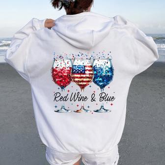 Red Wine And Blue 4Th Of July Wine Glasses Usa American Flag Women Oversized Hoodie Back Print - Thegiftio UK