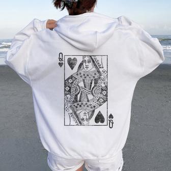 Reine Des Cœurs Cartes À Jouer Costume Poker Distressed Sweat à capuche oversize pour femme avec imprimé dans le dos - Cadeauxyz