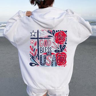 Retro Boho Floral God Bless The Usa Christian 4Th Of July Women Oversized Hoodie Back Print - Thegiftio UK