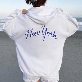 Retro New York Ny Blue Vintage Orange Script Women Oversized Hoodie Back Print - Thegiftio UK