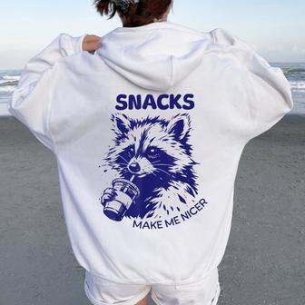 Snacks Make Me Nicer Animal Raccoon Sarcastic Saying Women Oversized Hoodie Back Print - Thegiftio UK