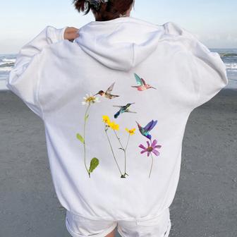 ハチドリと花のtシャツ レディース オーバーサイズ パーカー バックプリント - Kawaiitshirt