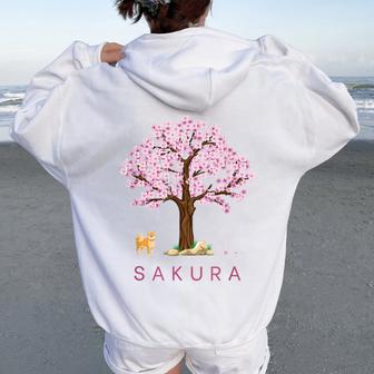 柴犬 和 桜 桜 花 木 春 レディース オーバーサイズ パーカー バックプリント - Kawaiitshirt