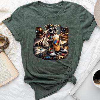 Raccoon Drinking Iced Coffee Autism Awareness Animal Meme Bella Canvas T-shirt | Seseable UK