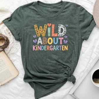 Wild About Kindergarten Teacher Leopard Print Safari Animal Bella Canvas T-shirt | Mazezy