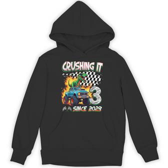 3Rd Birthday Monster Truck Dinosaur Crushing It Since 2023 Hoodie - Thegiftio UK