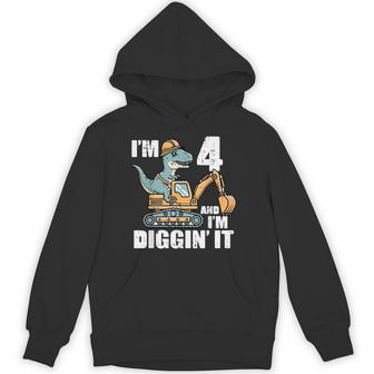 Im 4 And Diggin It Dino Excavator 4Th Birthday Trex Boys Kid Hoodie - Thegiftio UK