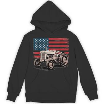 American Farm Tractor Over Distressed Flag Heritage Graphic Hoodie - Thegiftio UK