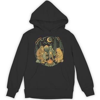 Campfire Knitting Friends Retro Bigfoot Alien Bear Knitting Hoodie - Thegiftio UK