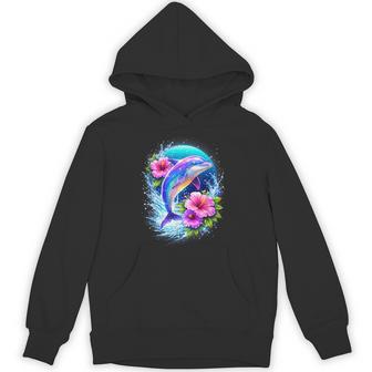 Dolphin Jumping In Ocean Flowers Tropical Sea Life Animal Hoodie - Thegiftio UK