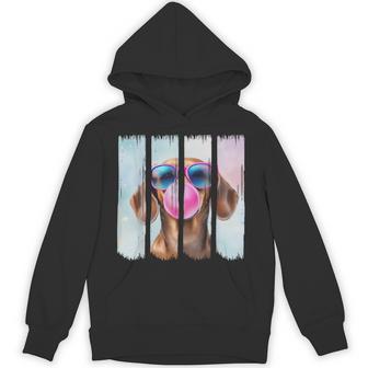 Doxie Dog Blowing Bubblegum Wearing Glasses Cute Dachshund Hoodie - Monsterry