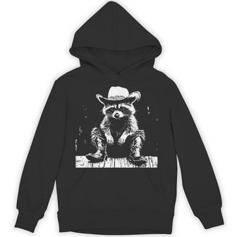 Fnnyrccoonco Raccoon Cowboy Western -Adults -Kids Black Small Short Sleeve Hoodie - Thegiftio UK