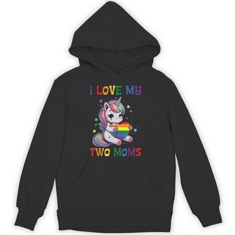 Gay Pride Month I Love My Two Moms Unicorn Lgbtq Ally Kids Hoodie - Thegiftio UK