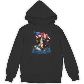 George Washington Riding Shark 4Th Of July American Flag Hoodie - Thegiftio UK