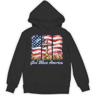 God Bless America Flag Cross Flowers Patriotic 4Th Of July Hoodie - Thegiftio UK