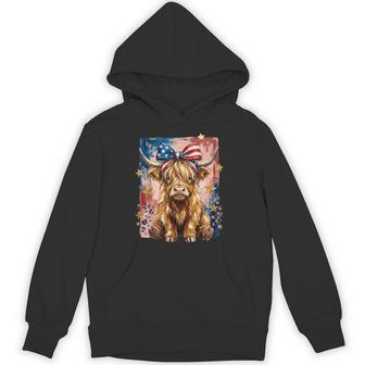 Highland Cow Patriotic Coquette Bow 4Th July American Flag Hoodie - Monsterry