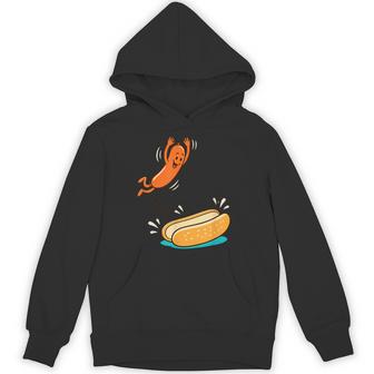 Hot Dog Jumping Into Bun Sausage Bbq High Dive Hoodie - Monsterry
