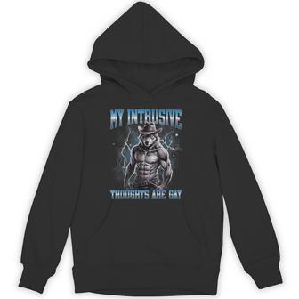 My Intrusive Thoughts Are Gay Hard Wolf Meme Bootleg Hoodie - Thegiftio UK