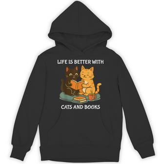 Life Is Better With Cats And Books Cute Cat Lover Hoodie - Thegiftio UK