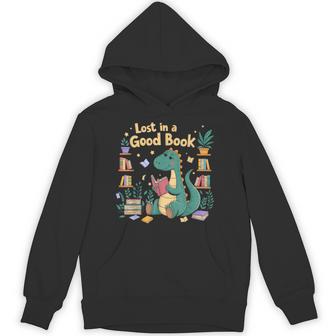 Lost In A Good Book Cute Reading Dinosaur Illustration Hoodie - Thegiftio UK
