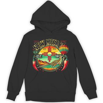 New Mexico Zia Symbol Roadrunner & Chile Peppers Est 1912 Hoodie - Thegiftio UK