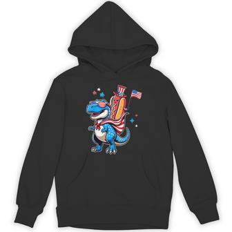 Patriotic Hotdog Riding Dino T-Rex 4Th Of July American Flag Hoodie - Thegiftio UK