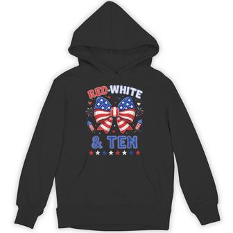Red White & Ten 4Th Of July 10Th Birthday Patriotic Bow Hoodie - Thegiftio UK