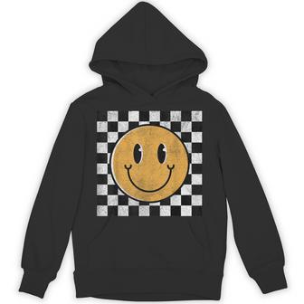 Retro Happy Face Checkerboard – Checkered Pattern Smile Hoodie - Thegiftio UK