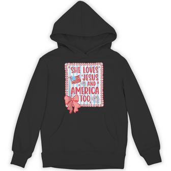 She Loves Jesus And America Too Faith Flag Fireworks Bow Hoodie - Thegiftio UK