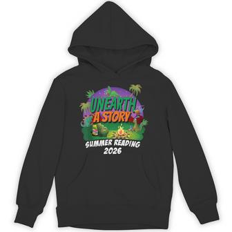 Unearth A Story Summer Reading 2026 Dinosaur T-Rex Book Hoodie - Thegiftio UK