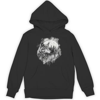 オオカミの絵 プリント 神秘的なオオカミの森 月 遠吠え パーカー - Kawaiitshirt