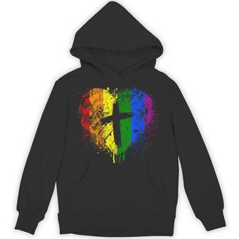 クロスのあるレインボー ハート、キリスト教の宗教的なゲイ プライド パーカー - Kawaiitshirt