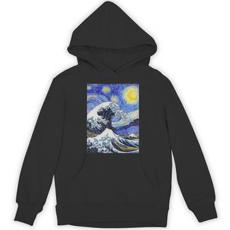 星月夜リメイクとミックスされた神奈川の大波 長袖tシャツ パーカー - Kawaiitshirt