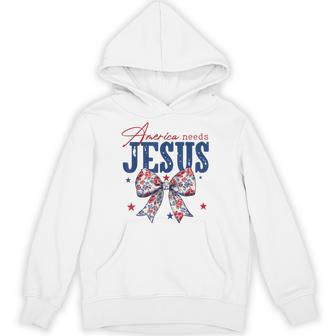 America Needs Jesus Coquette Bow Patriotic American Flag Hoodie - Thegiftio UK