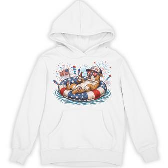 Patriotic English Bulldog Beer Floatie Usa Flag 4Th Of July Hoodie - Thegiftio UK