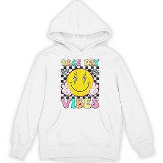 Race Day Vibes Checkered Flag Happy Face Car Racing Racer Hoodie - Monsterry