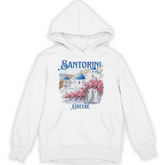 Santorini Greece Blue Domes Pink Flowers Souvenir Hoodie | Mazezy