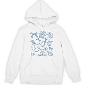 Seashell Preppy Blue Coquette Bow Beach Coastal Sea Shell Hoodie - Thegiftio UK