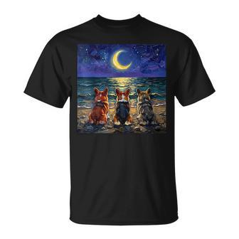 3 コーギーの夜のビーチかわいい犬と三日月のアートワーク Tシャツ - Kawaiitshirt