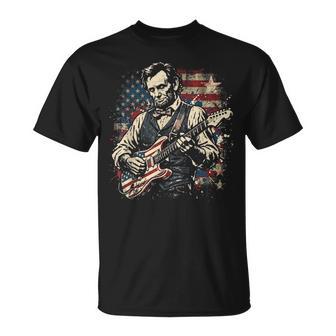 Abraham Lincoln President Playing Guitar Us Flag 4Th Of July T-Shirt - Monsterry