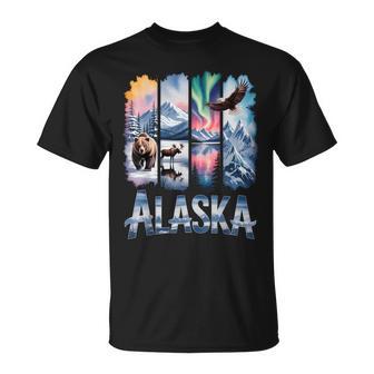 Alaskan Bear Moose Eagle Lake And Mountain Aurora Borealis T-Shirt | Mazezy